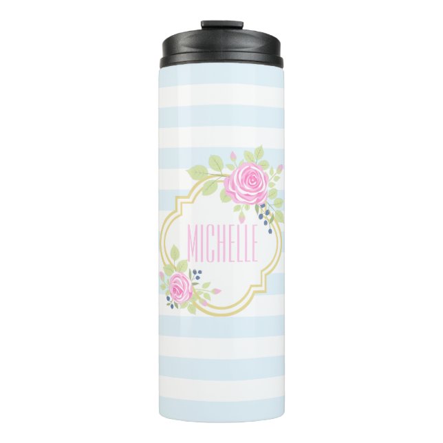 Monogram Cute Pink Roses Blueberry Thermal Tumbler (Front)