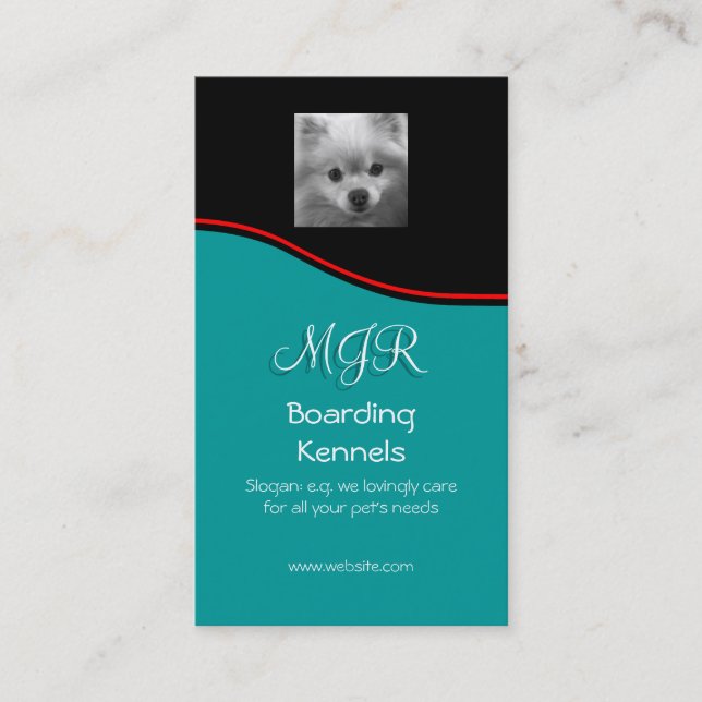 Monogram, Cute Pomeranian Puppy, red swoosh Business Card (Front)