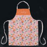 Monogram | Cute Retro Floral Pattern Apron<br><div class="desc">This mid-century modern pattern features pink and orange flowers.</div>