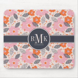 Monogram Cute Retro Floral Pattern Mouse Mat