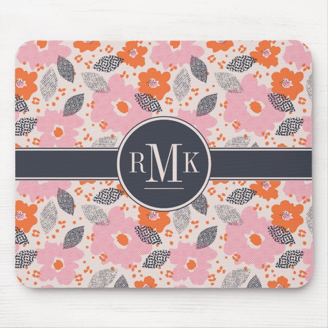 Monogram | Cute Retro Floral Pattern Mouse Mat (Front)
