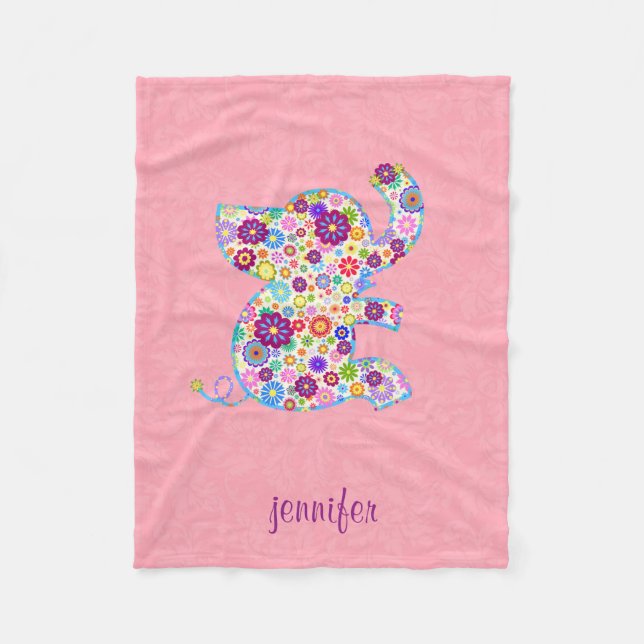 Monogram Cute Retro Flowers Cartoon Style Elephant Fleece Blanket (Front)