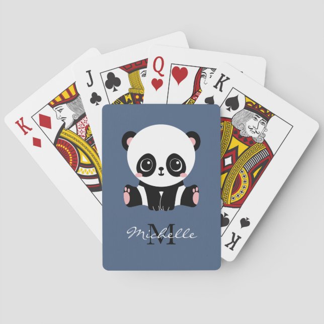 Monogram Cute Sitting Panda Personalised Blue Playing Cards (Back)