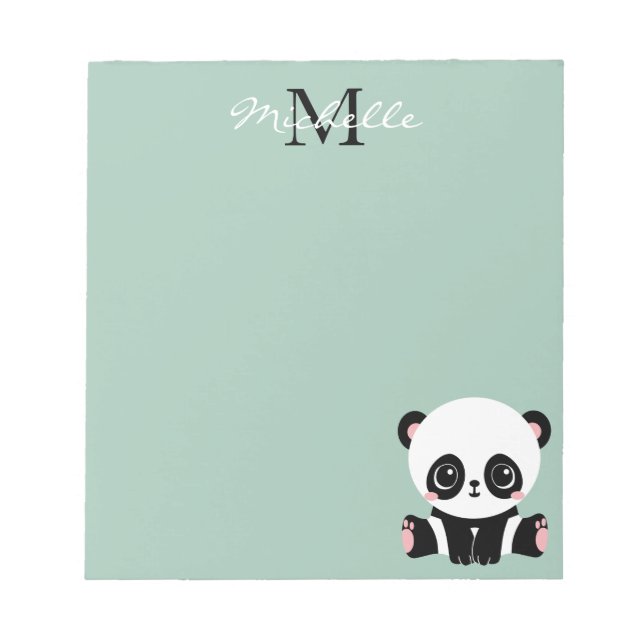 Monogram Cute Sitting Panda Personalised Sage Notepad (Front)