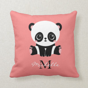 Monogram Cute Sitting Panda Personalised Salmon Cushion