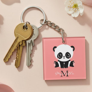 Monogram Cute Sitting Panda Personalised Salmon Key Ring