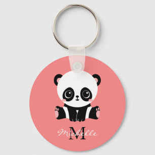 Monogram Cute Sitting Panda Personalised Salmon Key Ring