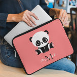 Monogram Cute Sitting Panda Personalised Salmon Laptop Sleeve<br><div class="desc">A cute panda bear sitting on the floor on a salmon background. Personalise with your monogram and name or delete text in text boxes for no name.</div>