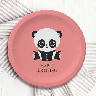 Monogram Cute Sitting Panda Personalised Salmon Paper Plate