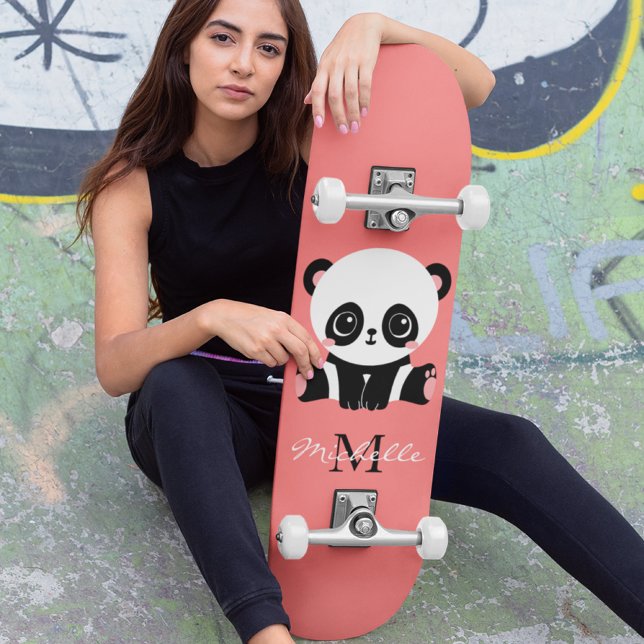 Monogram Cute Sitting Panda Personalised Salmon Skateboard (Creator Uploaded)