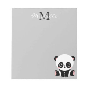 Monogram Cute Sitting Panda Personalised Silver Notepad