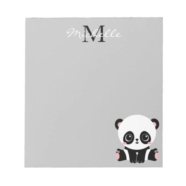 Monogram Cute Sitting Panda Personalised Silver Notepad (Front)
