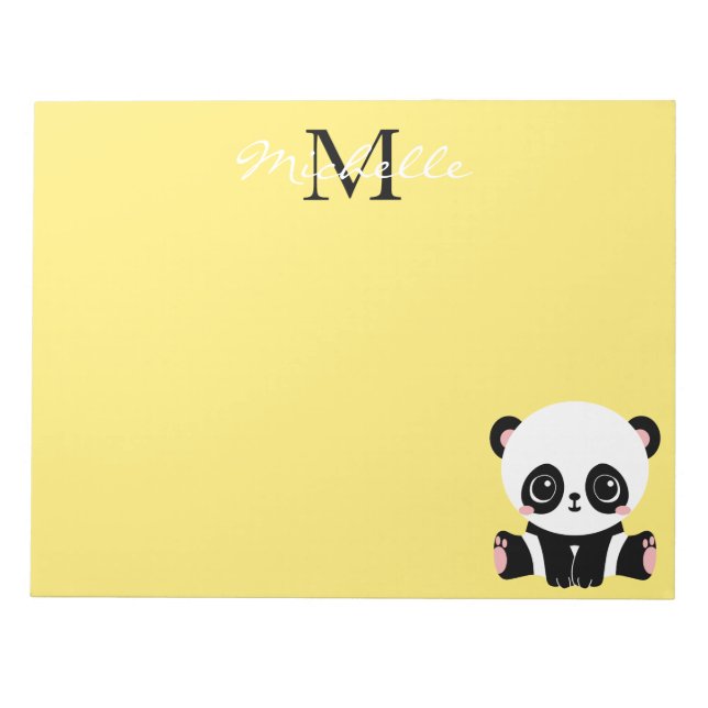 Monogram Cute Sitting Panda Personalised Yellow Notepad (Front)