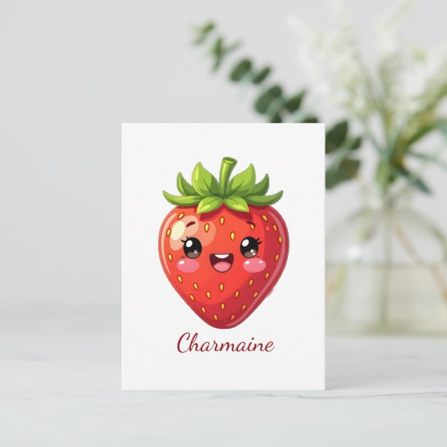 Monogram cute strawberry kawaii postcard (Standing Front)