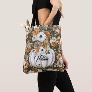 Monogram cute vintage floral garden with Pumpkins Tote Bag
