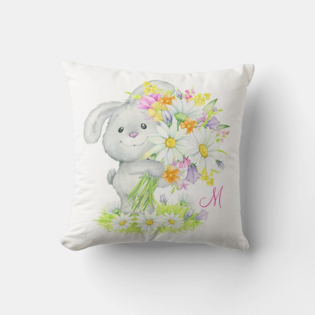 Monogram Cute Watercolor Floral Bunny Rabbit Cushion (Front)