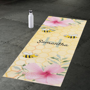 Monogram Cute Yellow bees tropical flowers Yoga Mat