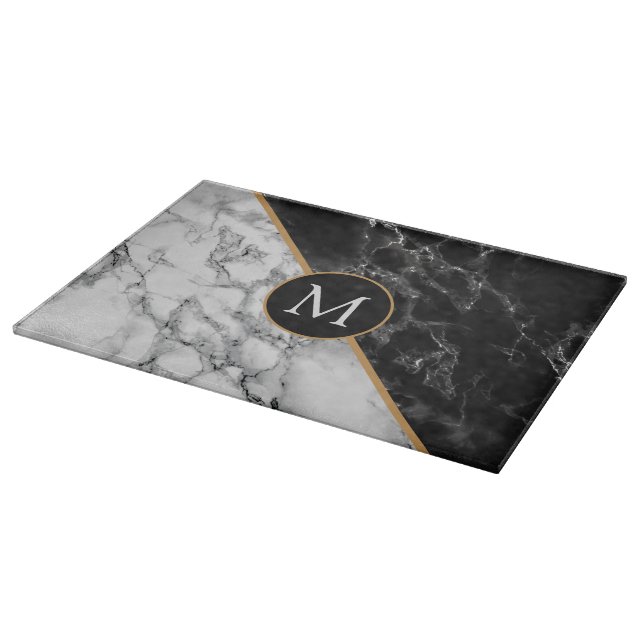 Monogram Cutting Board Black White Marble Stone (Corner)