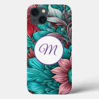 Monogram, Cyan Blue, Red, whimsical flowers