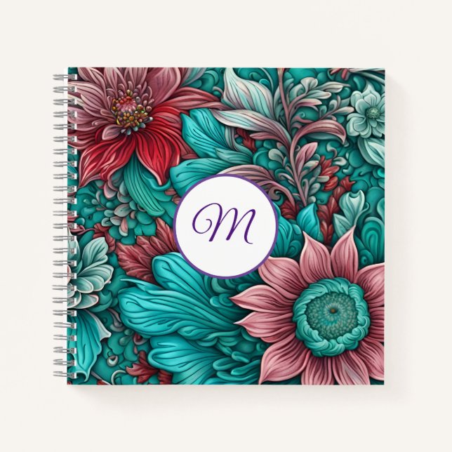 Monogram, Cyan Blue, Red, whimsical  flowers  Notebook (Front)