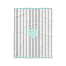 Monogram Cyan Grey & White Striped Fleece Blanket