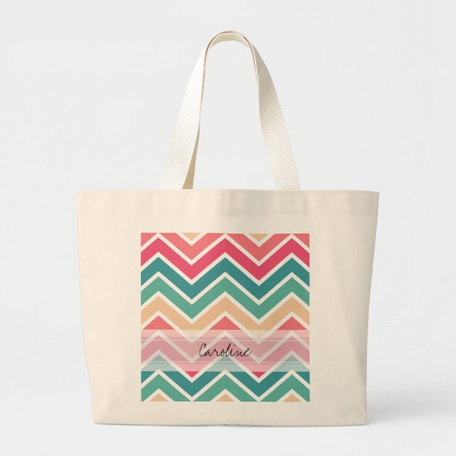 Monogram Cyan Peach Reds Geometric Chevron Pattern Large Tote Bag (Front)
