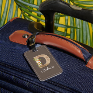Monogram D blue wood letter flower Luggage Tag