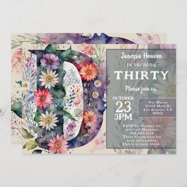 Monogram D Colorful Watercolor Flowers Birthday  Invitation (Front/Back)