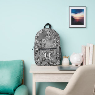 Monogram "D" Floral Tattoo Pattern Black White DIY Printed Backpack