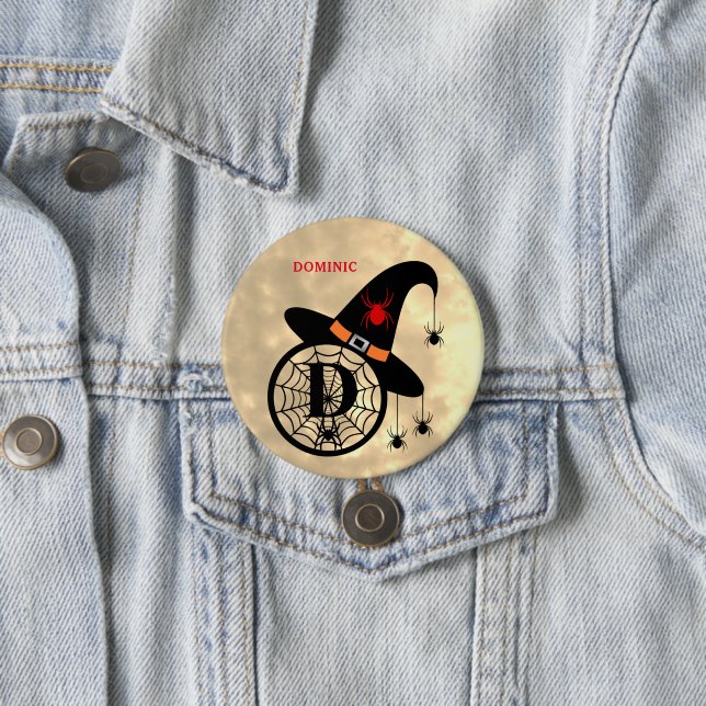 Monogram D Halloween Sky Witch Spiders Name Button (In Situ)