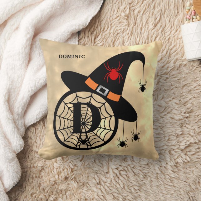 Monogram D Halloween Sky Witch Spiders Name Cushion (Blanket)