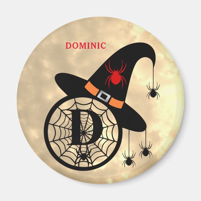 Monogram D Halloween Sky Witch Spiders Name Magnet (Front)