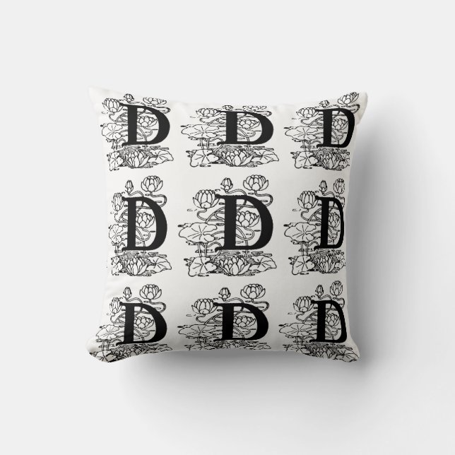 Monogram D Initial Black and White Floral Pattern Cushion (Front)