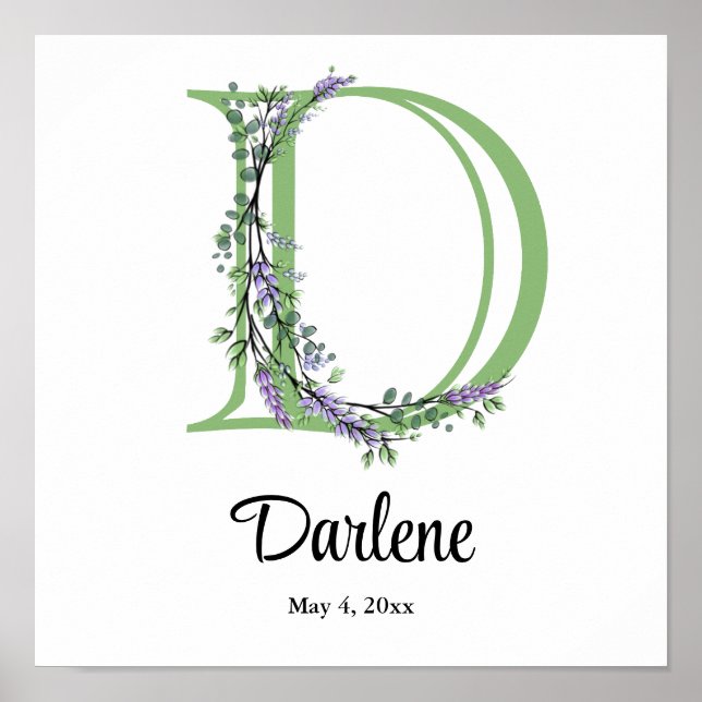 Monogram D Lavender Eucalyptus nursery  Poster (Front)