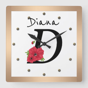 Monogram D, letter D, flowers, monogram Square Wall Clock