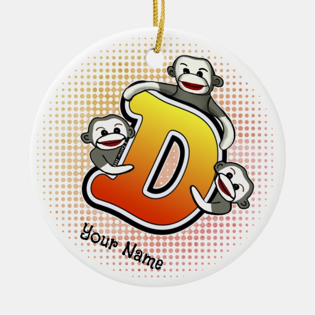 Monogram D Sock Monkey  Ceramic Tree Decoration (Front)