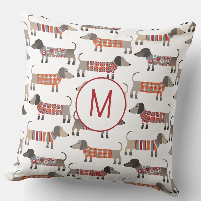 Monogram Dachshund Wiener Dog Cushion (Monogram initial personalized Dachshund Wiener Sausage Dog throw pillow)