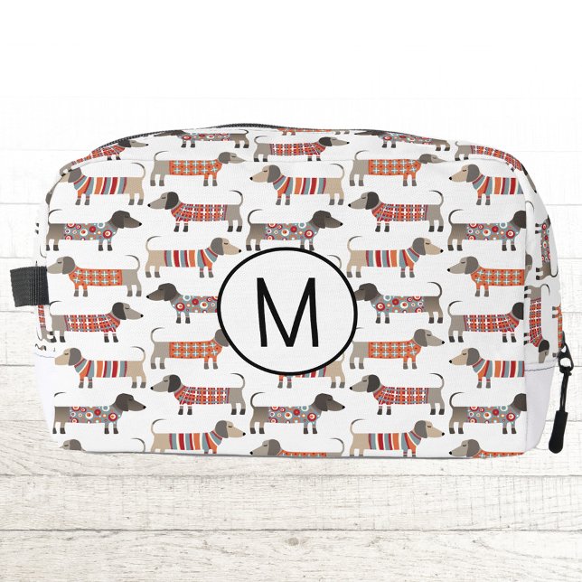 Monogram Dachshund Wiener Sausage Dog Personalised Dopp Kit (Fun monogram initial personalized Dachshund Wiener Dog pattern toiletries bag)