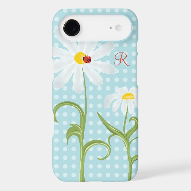Monogram Daisies and Lady Bug Polka Dot Blue Case-Mate iPhone Case (Back)