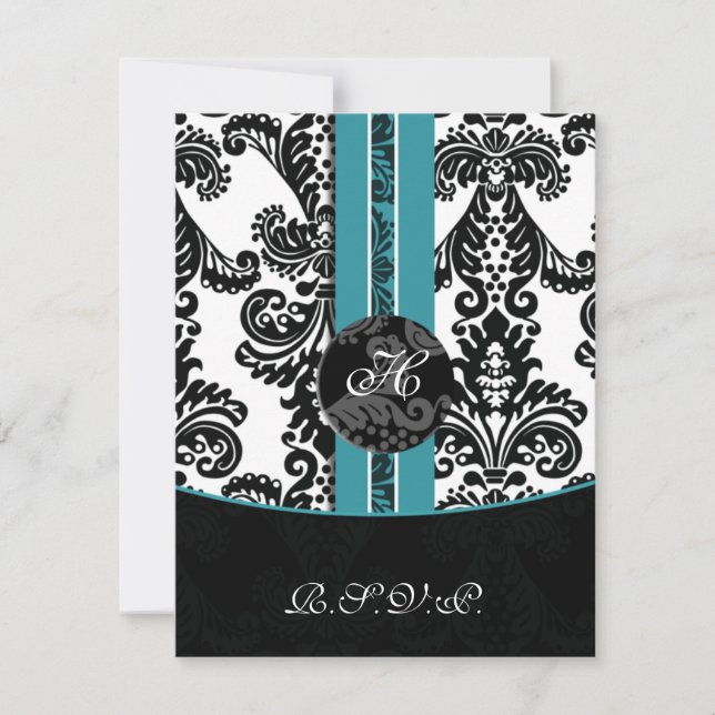 monogram damask aqua rsvp cards (Front)