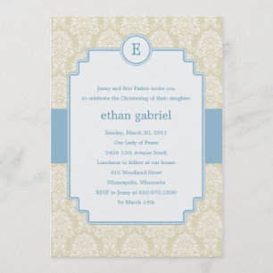 Monogram Damask Baptism/Christening Invite - Blue
