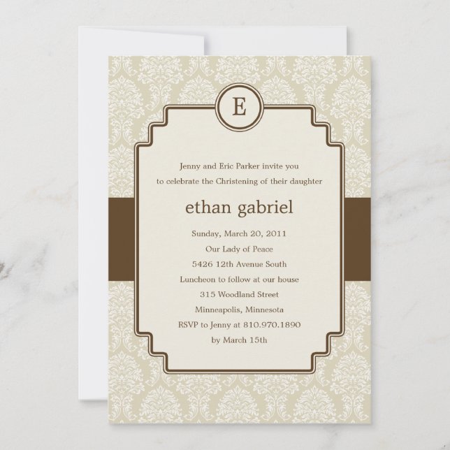Monogram Damask Baptism/Christening Invite - Brown (Front)