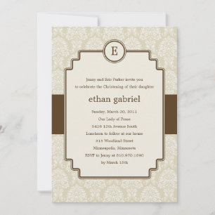 Monogram Damask Baptism/Christening Invite - Brown