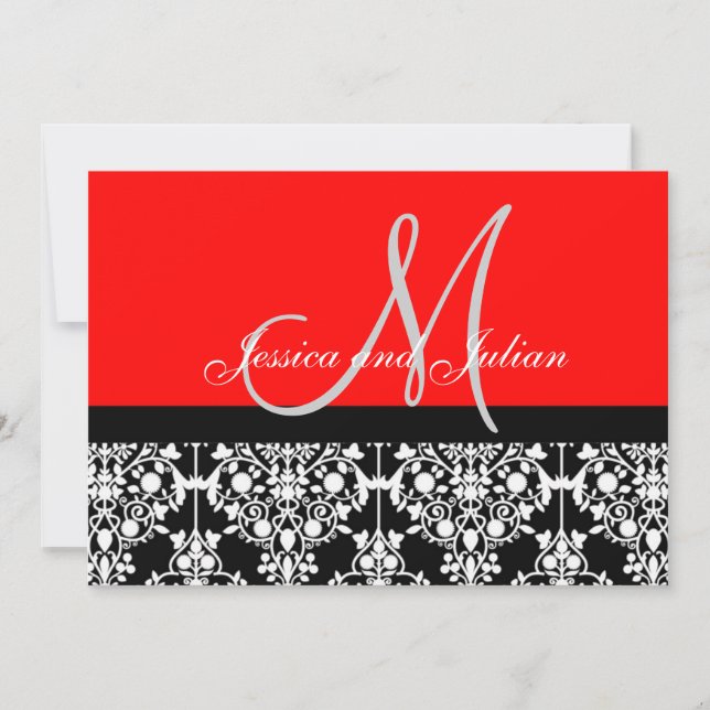 Monogram Damask Black and Red Invitation (Front)