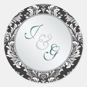 Monogram Damask black white Wedding Classic Round Sticker