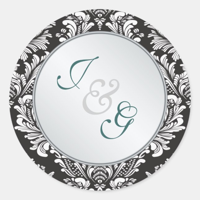 Monogram Damask black white Wedding Classic Round Sticker (Front)