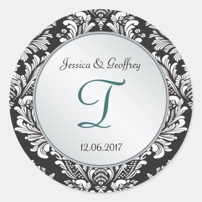 Monogram Damask black white Wedding Sticker (Front)