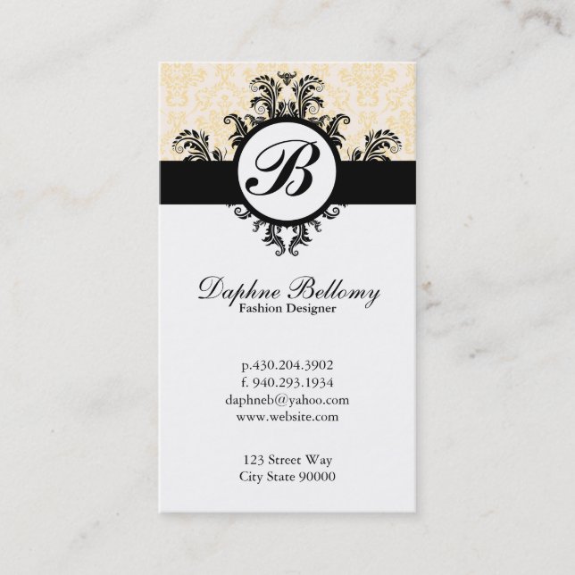 Monogram Damask (cream) Business Card (Front)