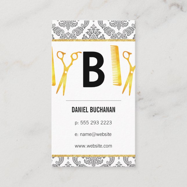 Monogram Damask Hairstylist Business Card (Front)