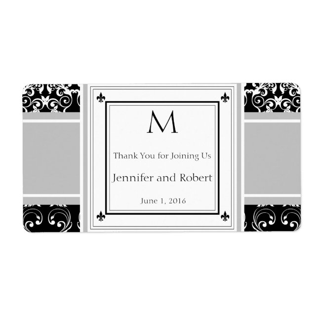 Monogram Damask Invitations Water Bottle Label (Front)